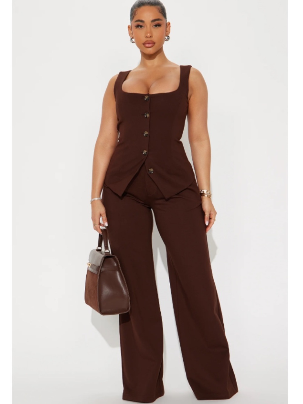 NWOT Fashion Nova Brown Button-Front Vest & Wide-Leg Pants Set